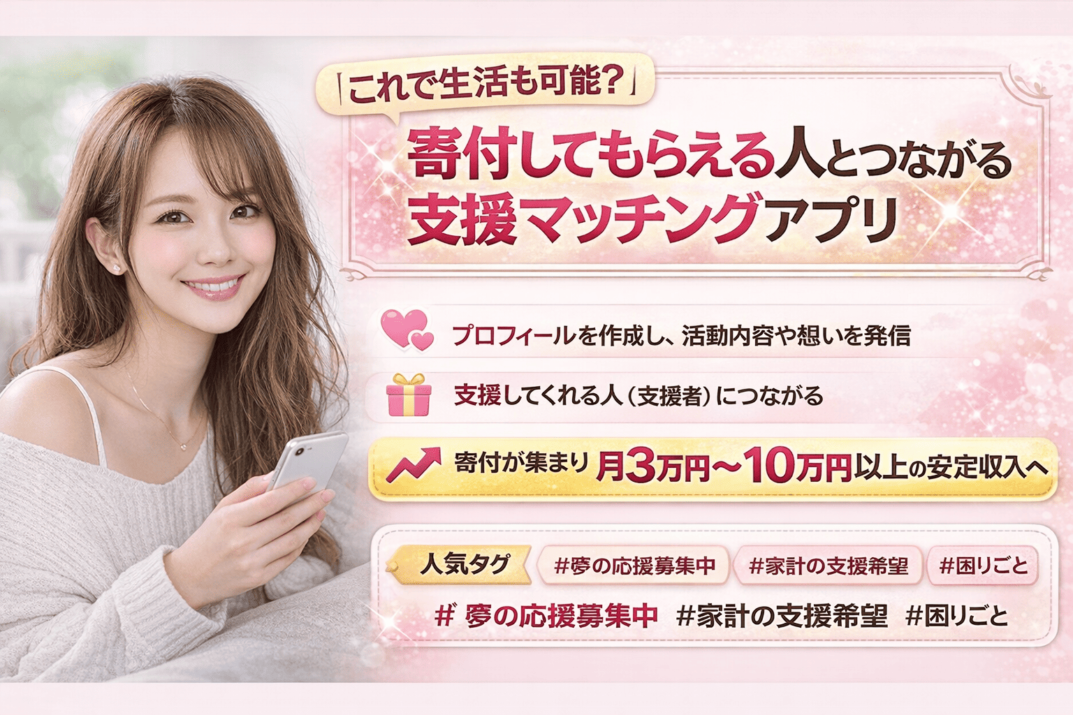 【これで生活も可能？】寄付してもらえる人とつながる支援マッチングアプリ